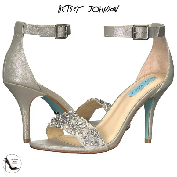 Betsey Johnson Gina Jeweled Ankle Strap Dress Sandals Silver Satin Stiletto Heel - Picture 3 of 14